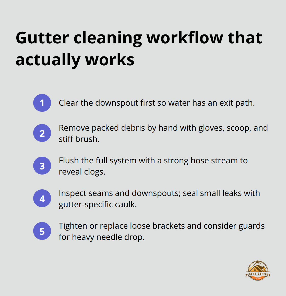 Compact checklist of five gutter cleaning steps for Central Oregon homes - clogged gutter maintenance guide