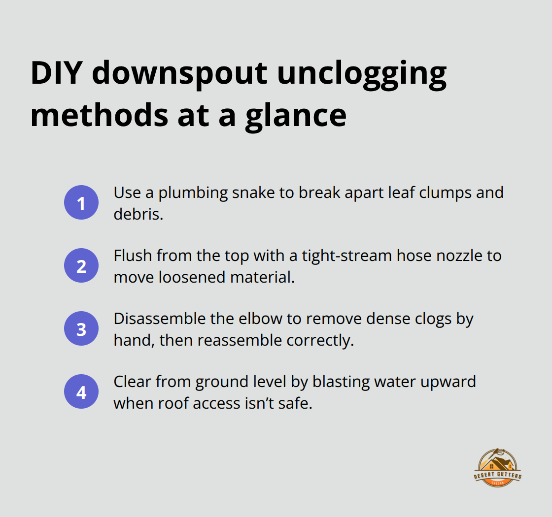 Compact list of four DIY methods to clear a clogged downspout - downspout clog removal method