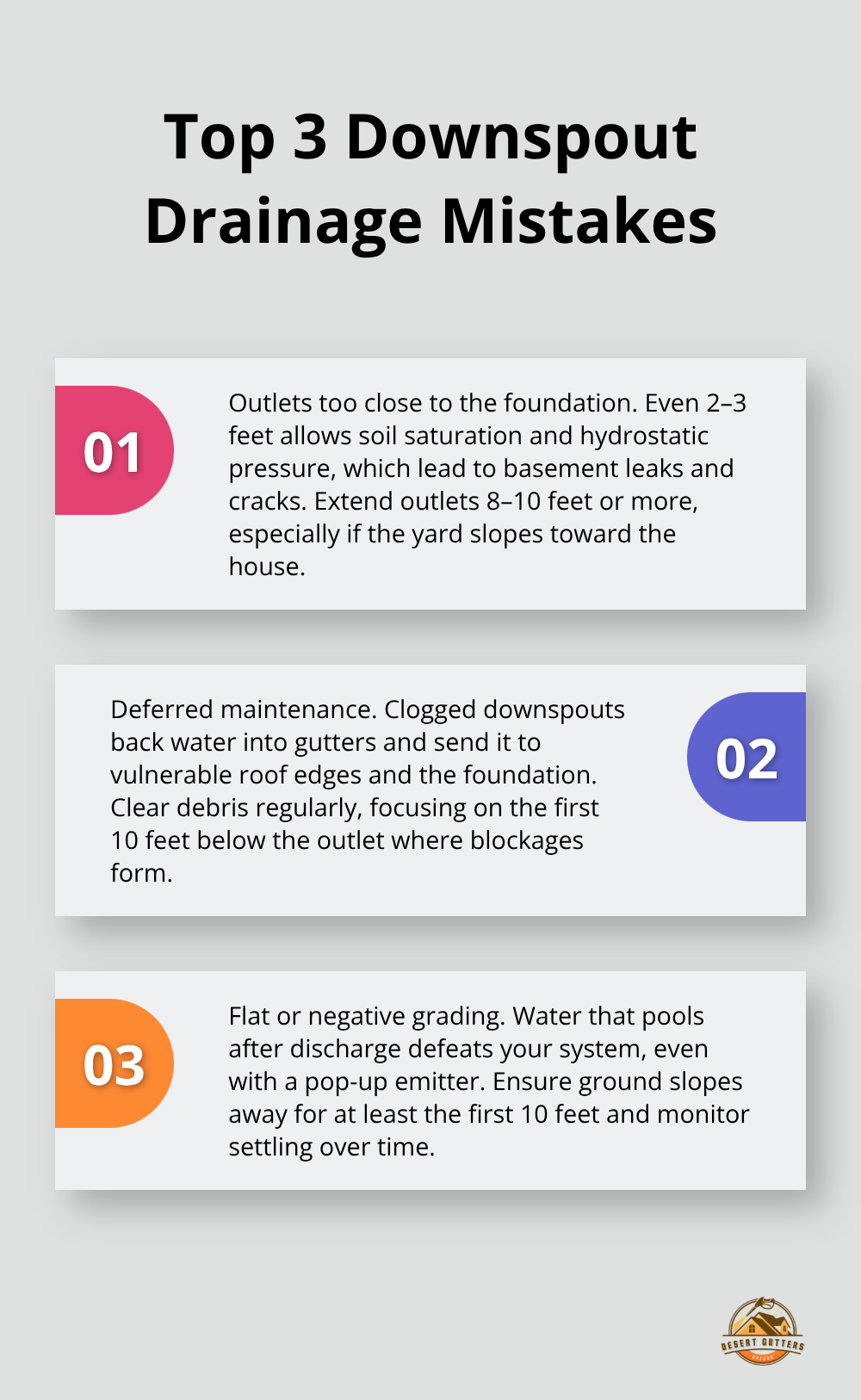 Three critical downspout drainage mistakes with brief explanations and fixes.