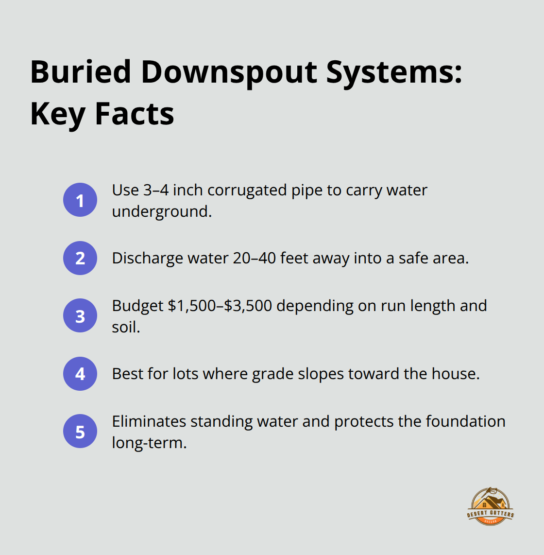 Compact list explaining pipe size, discharge distance, costs, ideal use case, and benefits of underground downspout drainage. - downspout drainage solutions