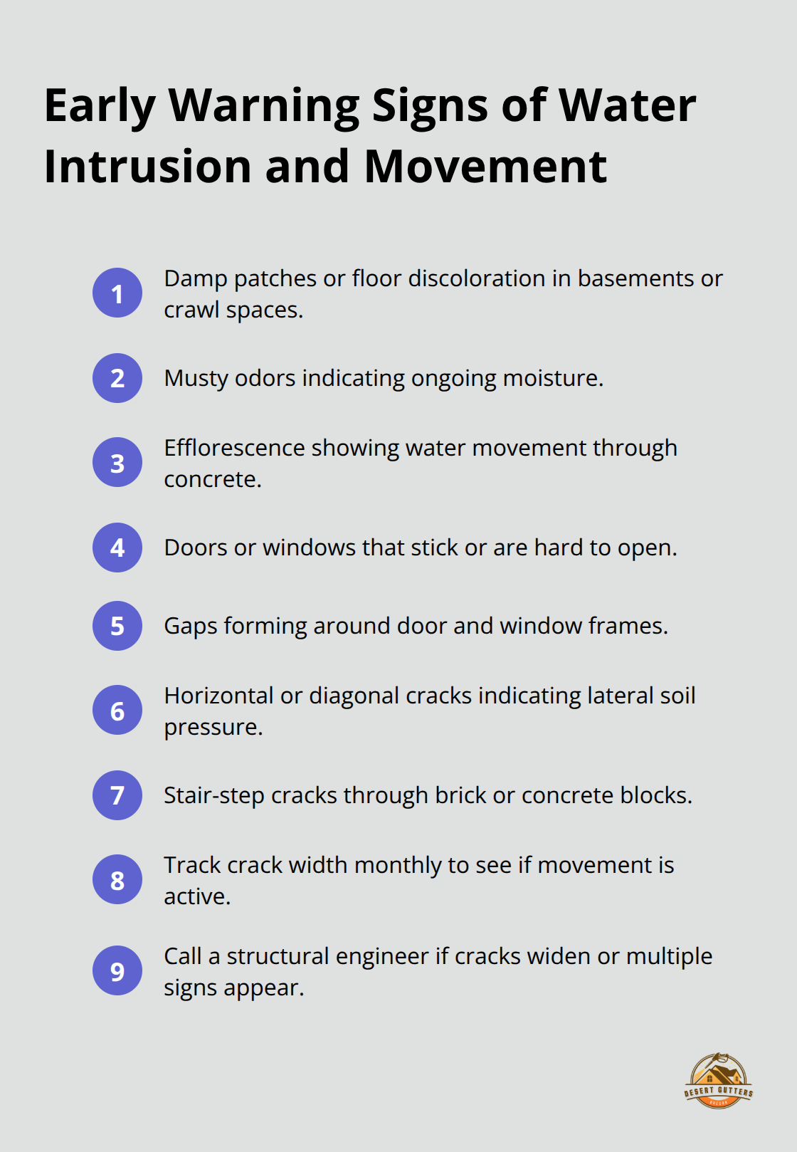 Compact list of signs indicating moisture intrusion and potential foundation movement - foundation crack prevention measures