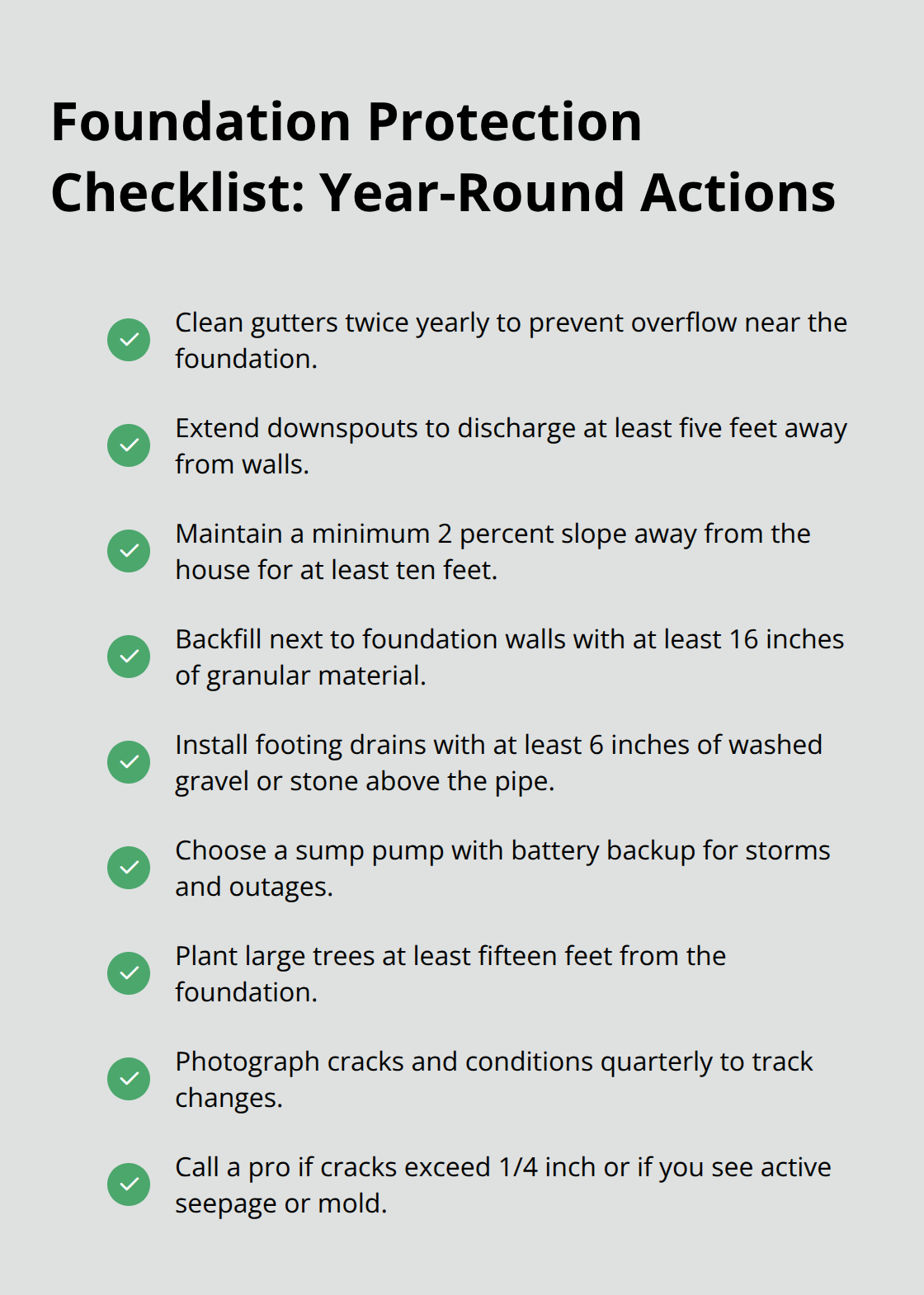 Checklist of maintenance tasks to keep water away from foundations and prevent structural damage.