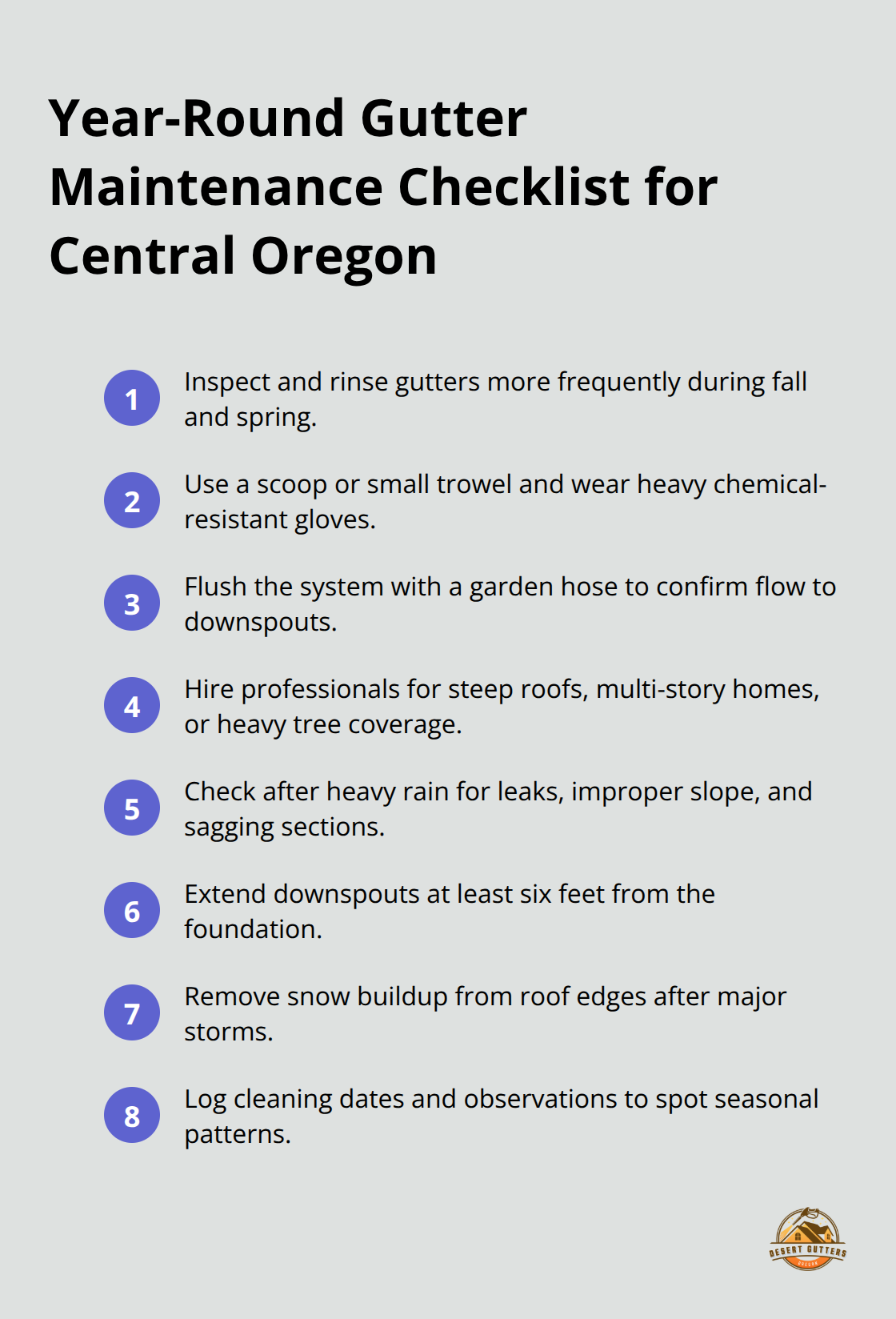 Compact checklist of essential gutter maintenance tasks for Central Oregon homes.