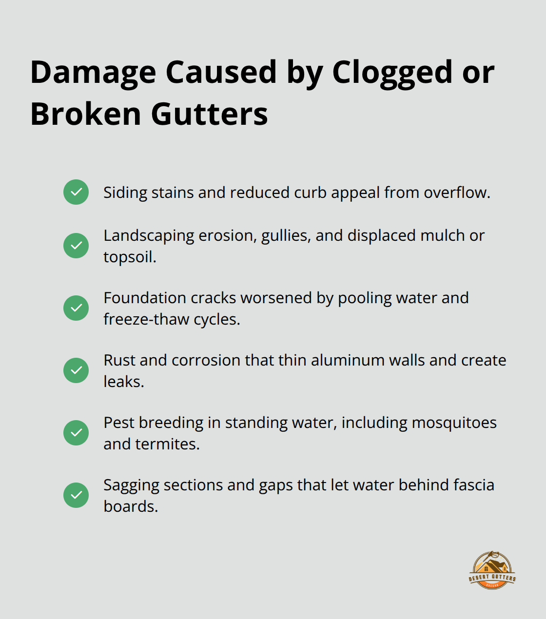 Checklist of common home damages resulting from clogged or broken gutters. - gutter system maintenance tips