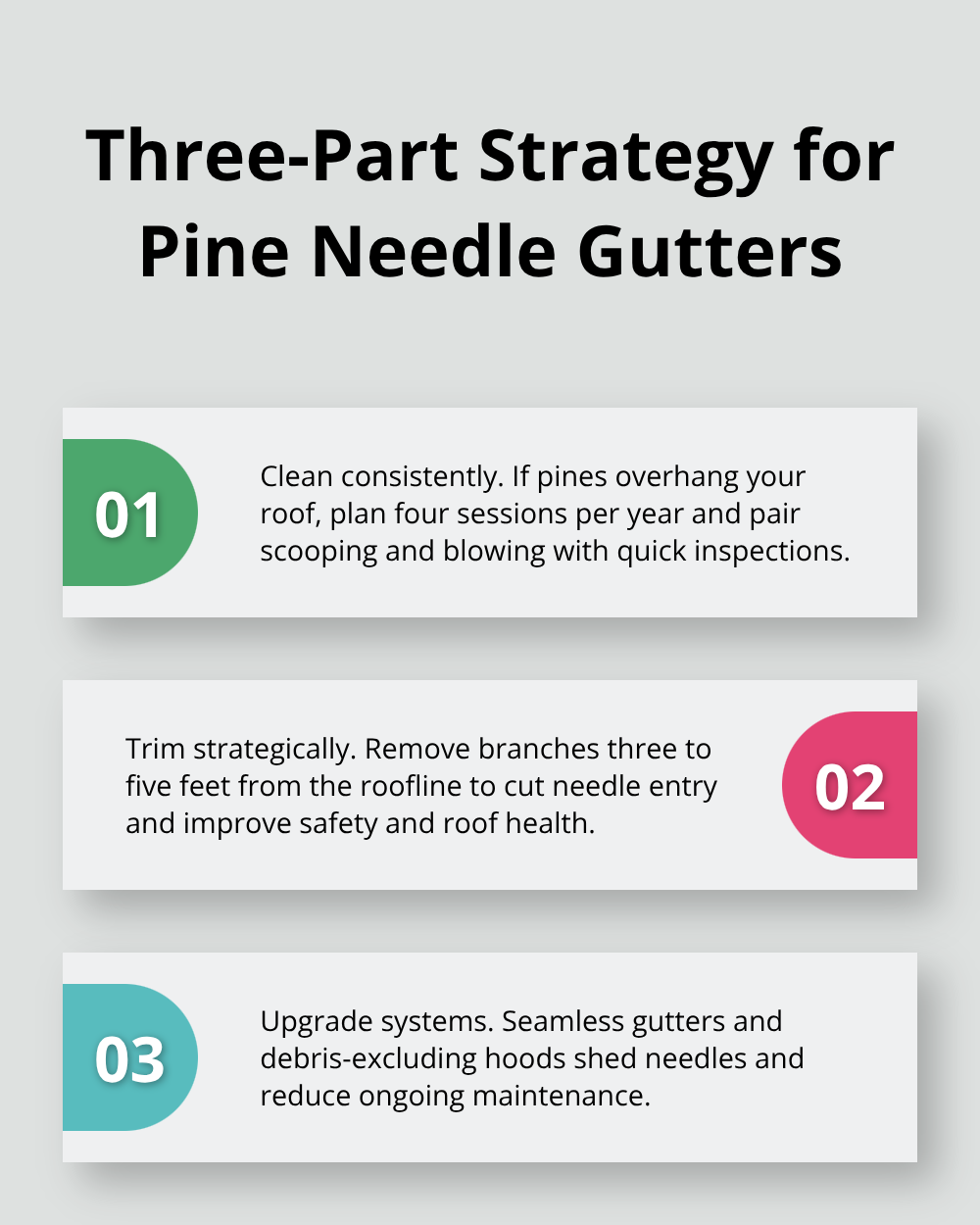 Summary of the clean, trim, and upgrade plan for pine needle gutters - pine needle gutter maintenance