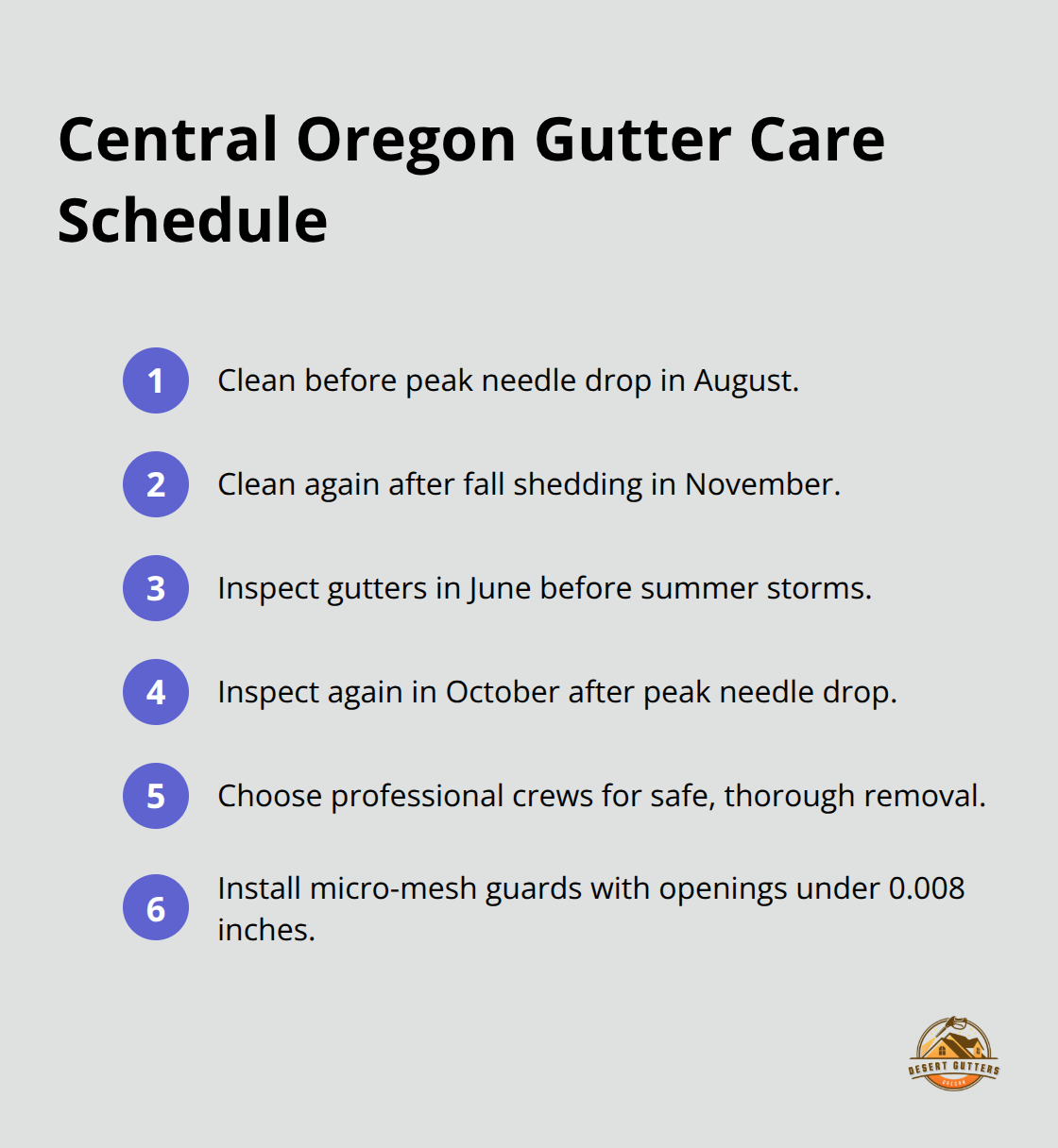 Compact checklist of seasonal gutter cleaning and inspection milestones for Central Oregon homes.